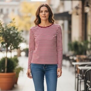 Gap Red White Striped‎ Long Sleeve Shirt Women M Tall Stretch Crew Neck